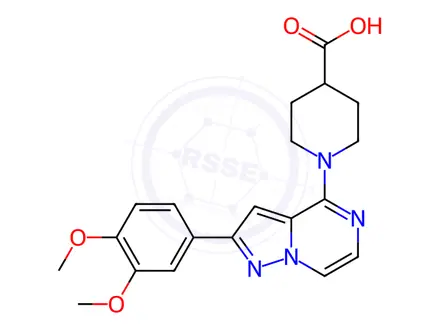 Chemical structure of 1-[2-(3,4-dimethoxyphenyl)pyrazolo[1,5-a]pyrazin-4-yl]piperidine-4-carboxylic acid