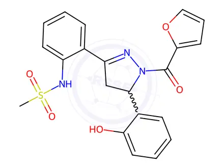 Chemical structure of N-(2-(1-(Furan-2-carbonyl)-5-(2-hydroxyphenyl)-4,5-dihydro-1H-pyrazol-3-yl)phenyl)methanesulfonamide