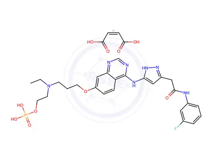 Chemical structure of 2-(Ethyl(3-((4-((5-(2-((3-fluorophenyl)amino)-2-oxoethyl)-1H-pyrazol-3-yl)amino)quinazolin-7-yl)oxy)propyl)amino)ethyl dihydrogen phosphate (2Z)-2-butenedioate