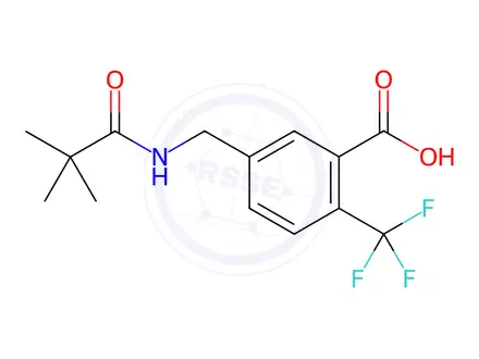 Chemical structure of Benzoic acid, 5-[[(2,2-dimethyl-1-oxopropyl)amino]methyl]-2-(trifluoromethyl)-