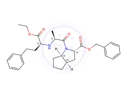 Chemical structure of (2S,3aR,6aR)-benzyl 1-((S)-2-(((S)-1-ethoxy-1-oxo-4-phenylbutan-2-yl)amino)propanoyl)octahydrocyclopenta[b]pyrrole-2-carboxylate