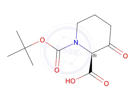Chemical structure of (S)-1-(tert-butoxycarbonyl)-3-oxopiperidine-2-carboxylic acid