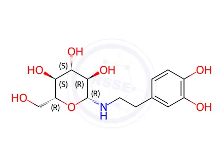 Chemical structure of (2R,3R,4S,5S,6R)-2-((3,4-Dihydroxyphenethyl)amino)-6-(hydroxymethyl)tetrahydro-2H-pyran-3,4,5-triol