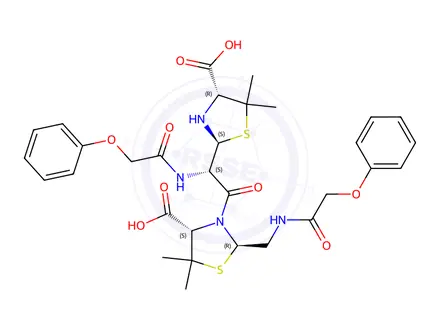 Chemical structure of (2R,4S)-3-((S)-2-((2S,4R)-4-Carboxy-5,5-dimethylthiazolidin-2-yl)-2-(2-phenoxyacetamido)acetyl)-5,5-dimethyl-2-((2-phenoxyacetamido)methyl)thiazolidine-4-carboxylic Acid