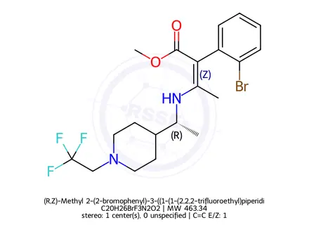 Chemical structure of (R,Z)-Methyl 2-(2-bromophenyl)-3-((1-(1-(2,2,2-trifluoroethyl)piperidin-4-yl)ethyl)amino)but-2-enoate