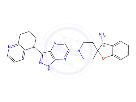 Chemical structure of Spiro[benzofuran-2(3H),4'-piperidin]-3-amine, 1'-[3-(3,4-dihydro-1,5-naphthyridin-1(2H)-yl)-1H-pyrazolo[3,4-b]pyrazin-6-yl]-, (3R)-