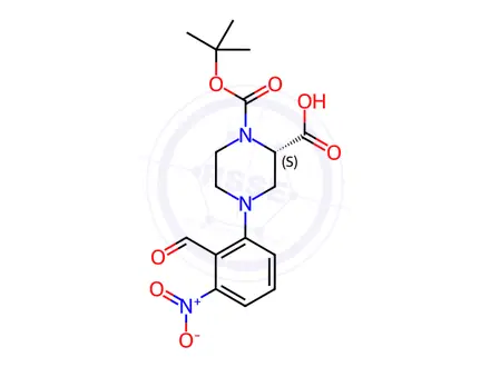 Chemical structure of (S)-1-(tert-Butoxycarbonyl)-4-(2-formyl-3-nitrophenyl)piperazine-2-carboxylic acid