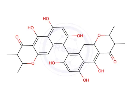 Chemical structure of (2R,2′R,3R,3′R,9S)-2,2′,3,3′-Tetrahydro-5,5′,6,6′,8,8′-hexahydroxy-2,2′,3,3′-tetramethyl[9,9′-bi-4H-naphtho[2,3-b]pyran]-4,4′-dione
