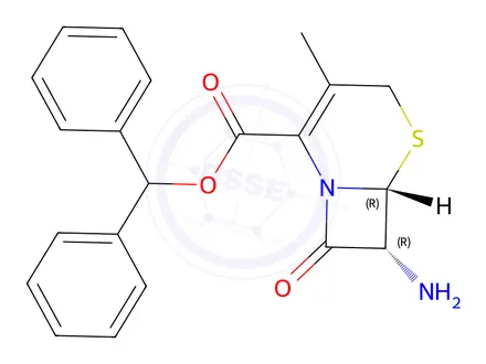 Chemical structure of (6R,7R)-benzhydryl 7-amino-3-methyl-8-oxo-5-thia-1-azabicyclo[4.2.0]oct-2-ene-2-carboxylate