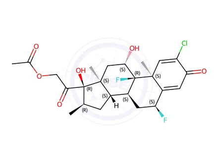 Chemical structure of 2-chloro-6alpha,9-difluoro-11beta,17,21-trihydroxy-16alpha-methylpregna-1,4-diene-3,20-dione 21-acetate