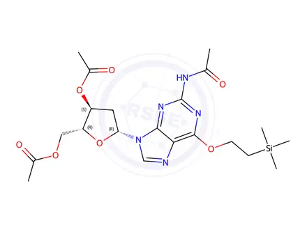 Chemical structure of (2R,3S,5R)-5-(2-Acetamido-6-(2-(trimethylsilyl)ethoxy)-9H-purin-9-yl)-2-(acetoxymethyl)tetrahydrofuran-3-yl Acetate