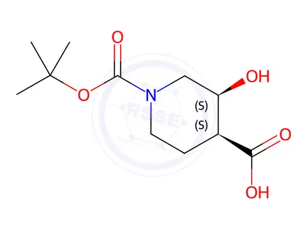 Chemical structure of (3S,4S)-1-(tert-Butoxycarbonyl)-3-hydroxypiperidine-4-carboxylic acid