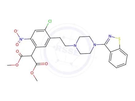 Chemical structure of 2-[5-[2-[4-(1,2-Benzisothiazol-3-yl)-1-piperazinyl]ethyl]-4-chloro-2-nitrophenyl]-propanedioic Acid 1,3-Dimethyl Ester
