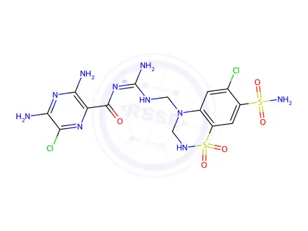 Chemical structure of (Z)-3,5-diamino-N-(amino(((6-chloro-1,1-dioxido-7-sulfamoyl-2H-benzo[e][1,2,4]thiadiazin-4(3H)-yl)methyl)amino)methylene)-6-chloropyrazine-2-carboxamide