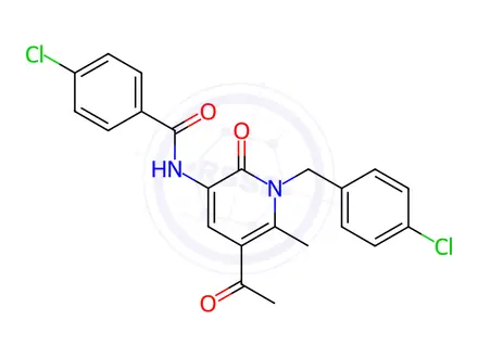 Chemical structure of N-{5-acetyl-1-[(4-chlorophenyl)methyl]-6-methyl-2-oxo-1,2-dihydropyridin-3-yl}-4-chlorobenzamide
