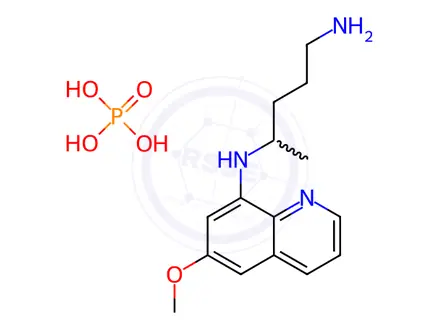 Chemical structure of N-(5-aminopentan-2-yl)-6-methoxyquinolin-8-amine, phosphoric acid