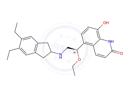 Chemical structure of ((R)-5-(2-((5,6-diethyl-2,3-dihydro-1H-inden-2-yl)amino)-1-ethoxyethyl)-8-hydroxyquinolin-2(1H)-one)