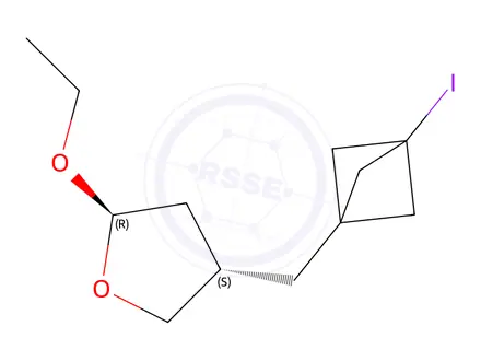 Chemical structure of trans-2-ethoxy-4-[(3-iodo-1-bicyclo[1.1.1]pentanyl)methyl]tetrahydrofuran