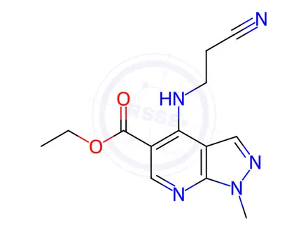 Chemical structure of Ethyl 4-((2-cyanoethyl)amino)-1-methyl-1H-pyrazolo[3,4-b]pyridine-5-carboxylate