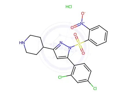 Chemical structure of 4-[5-(2,4-dichlorophenyl)-1-(2-nitrobenzenesulfonyl)-1H-pyrazol-3-yl]piperidine hydrochloride