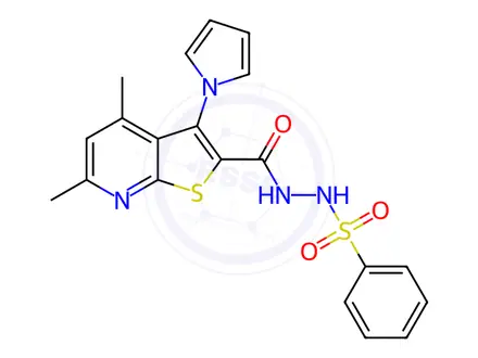 Chemical structure of N'-(4,6-dimethyl-3-(1H-pyrrol-1-yl)thieno[2,3-b]pyridine-2-carbonyl)benzenesulfonohydrazide