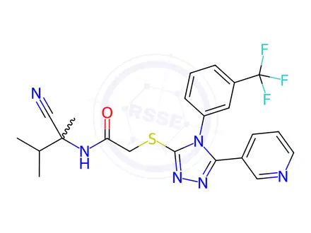Chemical structure of N-(2-Cyano-3-methylbutan-2-yl)-2-((5-(pyridin-3-yl)-4-(3-(trifluoromethyl)phenyl)-4H-1,2,4-triazol-3-yl)thio)acetamide