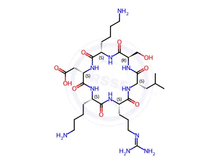 Chemical structure of 2-((2S,5S,8S,11S,14R,17S)-5,17-Bis(4-aminobutyl)-8-(3-guanidinopropyl)-14-(hydroxymethyl)-11-isobutyl-3,6,9,12,15,18-hexaoxo-1,4,7,10,13,16-hexaazacyclooctadecan-2-yl)acetic Acid