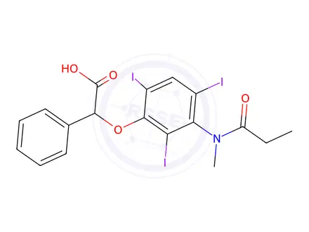 Chemical structure of 2-[3-(N-Methylpropionylamino)-2,4,6-triiodophenoxy]-2-phenylacetic acid