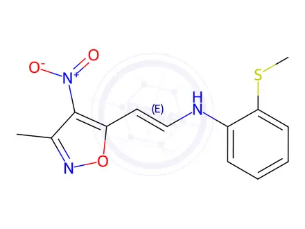 Chemical structure of N-[2-(3-Methyl-4-nitro-5-isoxazolyl)vinyl]-2-(methylsulfanyl)aniline