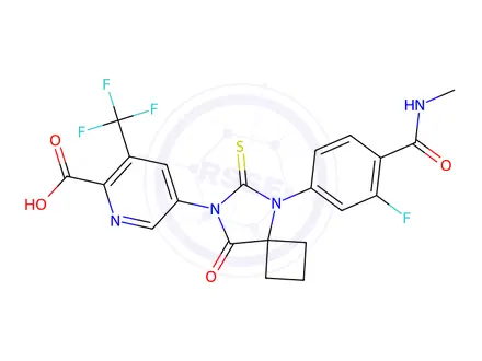 Chemical structure of 5-(5-(3-fluoro-4-(methylcarbamoyl)phenyl)-8-oxo-6-thioxo-5,7-diazaspiro[3.4]octan-7-yl)-3-(trifluoromethyl)picolinic acid