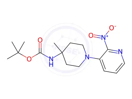 Chemical structure of Carbamic acid, N-[4-methyl-1-(2-nitro-3-pyridinyl)-4-piperidinyl]-, 1,1-dimethylethyl ester
