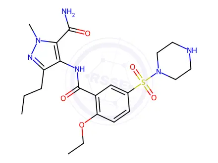 Chemical structure of 4-[2-Ethoxy-5-(1-piperazinylsulfonyl)benzoamido]-1-methyl-3-propyl-1H-pyrazole-5-carboxamide