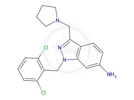 Chemical structure of 1-[(2,6-dichlorophenyl)methyl]-3-(1-pyrrolidinylmethyl)- 1H-Indazol-6-amine