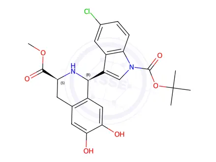 Chemical structure of methyl (1R,3S)-1-(1-(tert-butoxycarbonyl)-5-chloro-1H-indol-3-yl)-6,7-dihydroxy-1,2,3,4-tetrahydroisoquinoline-3-carboxylate
