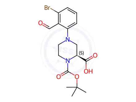 Chemical structure of (S)-4-(3-Bromo-2-formylphenyl)-1-(tert-butoxy-carbonyl)piperazine-2-carboxylic acid