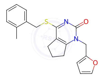 Chemical structure of 1-(furan-2-ylmethyl)-4-[(2-methylphenyl)methylsulfanyl]-6,7-dihydro-5H-cyclopenta[d]pyrimidin-2-one