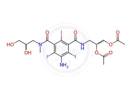 Chemical structure of 5-Amino-N’-[2,3-bis(acetyloxy)propyl]-N-(2,3-dihydroxypropy)-2,4,6-triiodo-N-methyl-1,3-benzenedicarboxamide