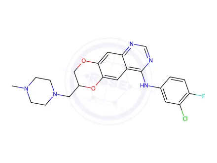 Chemical structure of N-(3-chloro-4-fluorophenyl)-7-((4-methylpiperazin-1-yl)methyl)-7,8-dihydro-[1,4]dioxino[2,3-g]quinazolin-4-amine