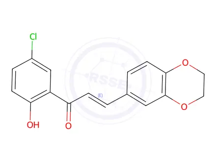 Chemical structure of (E)-1-(5-Chloro-2-hydroxyphenyl)-3-(2,3-dihydrobenzo[b][1,4]dioxin-6-yl)prop-2-en-1-one