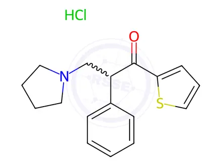 Chemical structure of 2-phenyl-3-pyrrolidin-1-yl-1-thiophen-2-yl-propan-1-one hydrochloride