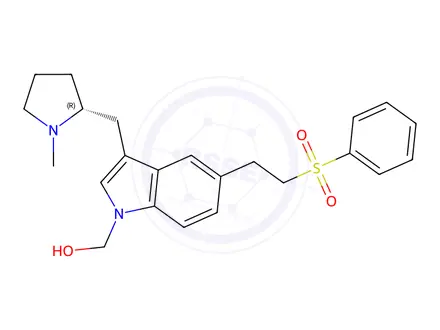 Chemical structure of (R)-(3-((1-methylpyrrolidin-2-yl)methyl)-5-(2-(phenylsulfonyl)ethyl)-1H-indol-1-yl)methanol
