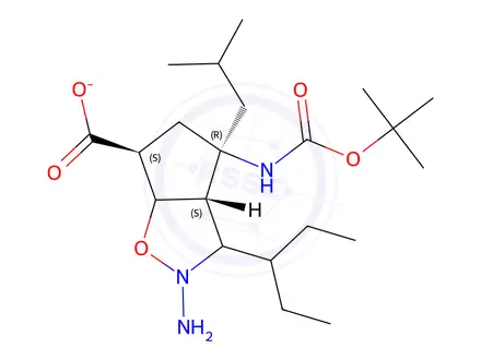 Chemical structure of 2-Methylpropan-2-aminium (3aR,4R,6S,6aS)-4-((tert-butoxycarbonyl)amino)-3-(pentan-3-yl)-4,5,6,6a-tetrahydro-3aH-cyclopenta[d]isoxazole-6-carboxylate