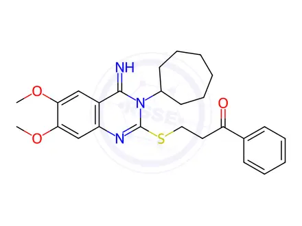Chemical structure of 3-[(3-cycloheptyl-4-imino-6,7-dimethoxy-3,4-dihydro-2-quinazolinyl)sulfanyl]-1-phenyl-1-propanone