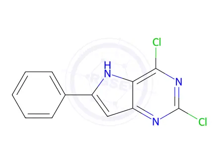 Chemical structure of 2,4-dichloro-6-phenyl-5H-pyrrolo[3,2-d]pyrimidine