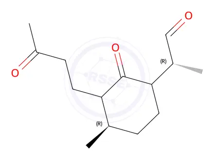 Chemical structure of (2R)-2-((4R)-4-methyl-2-oxo-3-(3-oxobutyl)cyclohexyl)propanal
