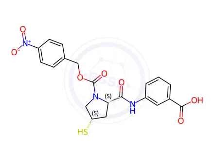 Chemical structure of 3-((2S,4S)-4-mercapto-1-(((4-nitrobenzyl)oxy)carbonyl)pyrrolidine-2-carboxamido)benzoic acid