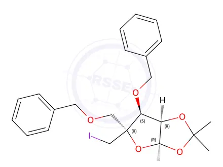 Chemical structure of 4-C-(Iodomethyl)-1,2-di-O-(1-methylethylidene)-3,5-bis-O-(phenylmethyl)--D-ribofuranose