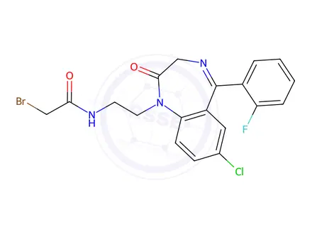 Chemical structure of 2-Bromo-N-[2-[7-Chloro-5-(2-Fluorophenyl)-2-Oxo-3H-1,4-Benzodiazepin-1-Yl]Ethyl]Acetamide