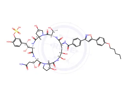 Chemical structure of 5-((1S,2S)-2-((2R,6S,9S,11R,12R,14aS,15S,20S,23S,25aS)-20-((R)-3-Amino-1-hydroxy-3-oxopropyl)-2,11,12,15-tetrahydroxy-6-((R)-1-hydroxyethyl)-5,8,14,19,22,25-hexaoxo-9-(4-(5-(4-(pentyloxy)phenyl)isoxazol-3-yl)benzamido)tetracosahydro-1H-dipyrrolo[2,1-c:2',1'-l][1,4,7,10,13,16]hexaazacyclohenicosin-23-yl)-1,2-dihydroxyethyl)-2-hydroxyphenyl Hydrogen Sulfate