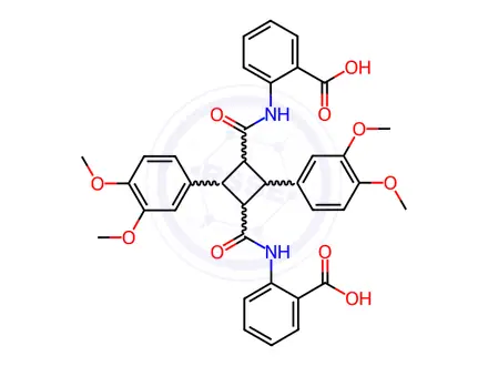 Chemical structure of 2,2'-((2,4-bis(3,4-dimethoxyphenyl)cyclobutane-1,3-dicarbonyl)bis(azanediyl))dibenzoic acid